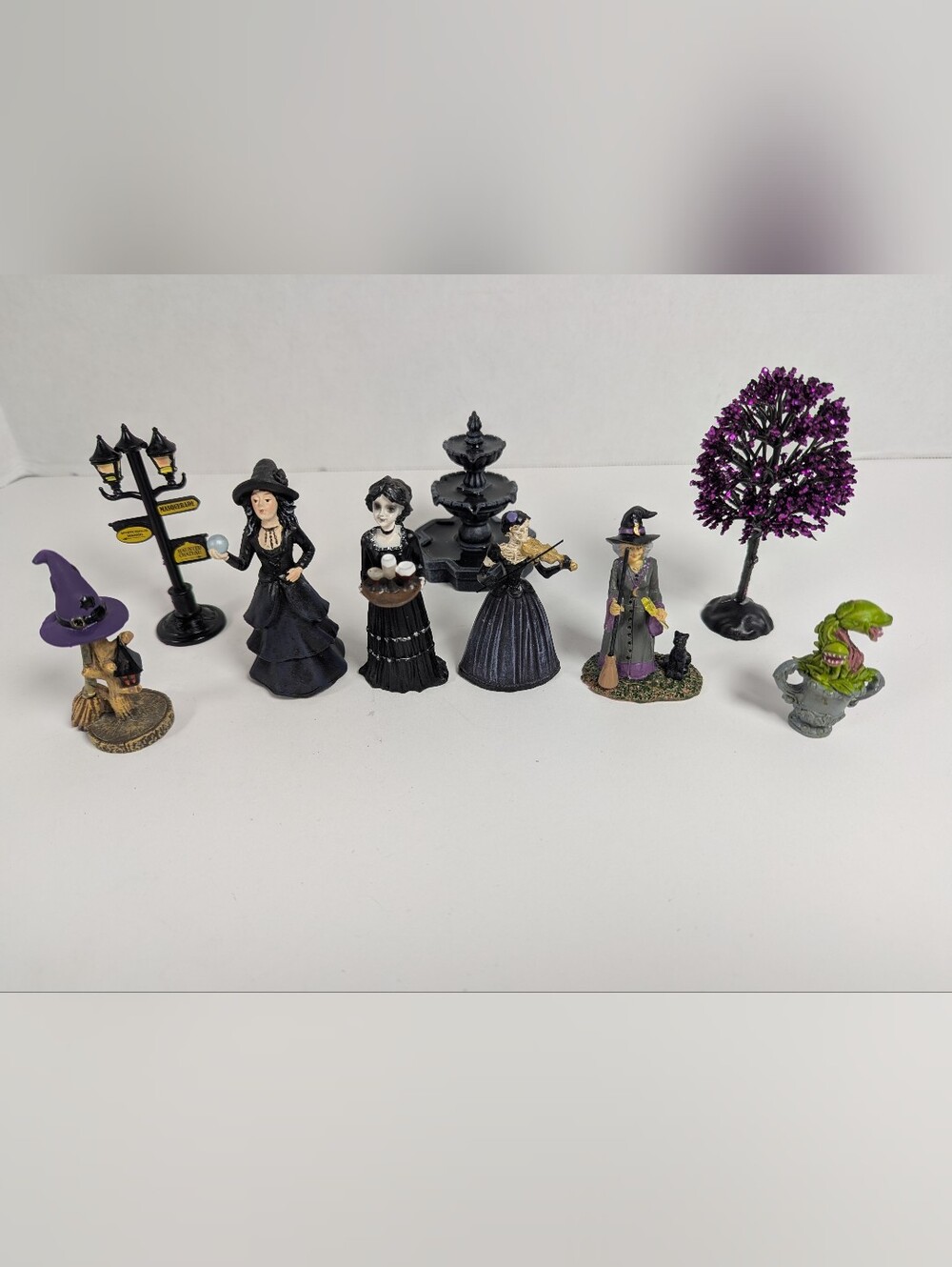 9 Pc Halloween Village Decor Lot Witches Skeleton Fountain Tree Haunted Manor